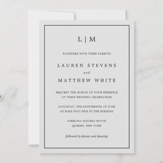 シンプルライトグレーモノグラムエレガントウェディング 招待状 (正面)