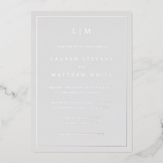 シンプルライトグレーモノグラムエレガントウェディング 箔招待状 (正面)