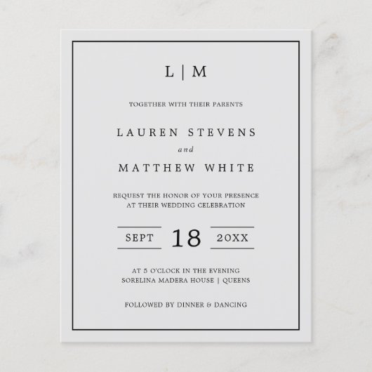シンプルライトグレーモノグラムバジェットウェディング招待 (正面)