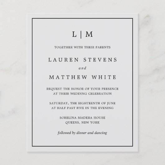 シンプルライトグレーモノグラムバジェットウェディング招待 (正面)