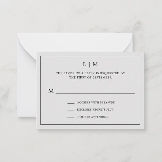 シンプルライトグレーモノグラムミニウェディングRSVP ノートカード (正面)