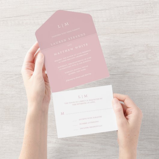 シンプルライトピンクモノグラムエレガントな結婚式 オールインワン招待状 (貼ってはがせる)