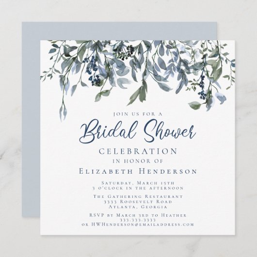 シンプルライトブルーウォーターフローラブライダルシャワー 招待状 (正面/裏面)