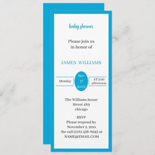 シンプルライトブルーカスタムベビーシャワー 招待状 (正面/裏面)