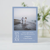 シンプルライトブルーモダンミニマル結婚リスト セーブザデート (スタンド正面)