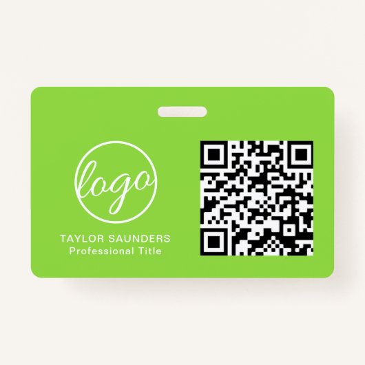 シンプルライムグリーンQRコード従業員ID バッジ (正面)