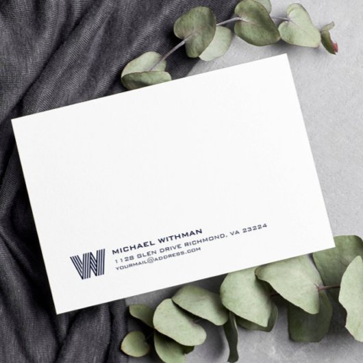 シンプルライン モノグラムイニシャル 名前 ダークブルー ノートカード