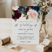 シンプルラグジュアリーブルゴーニュ海軍フローラ結婚ズ 招待状