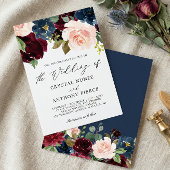 シンプルラグジュアリーブルゴーニュ海軍フローラ結婚ズ 招待状