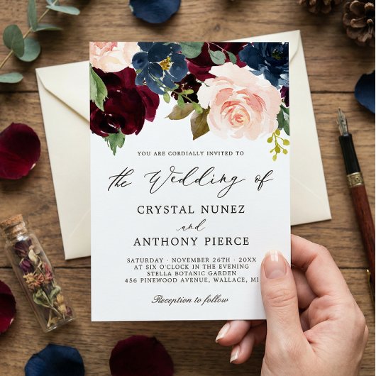 シンプルラグジュアリーブルゴーニュ海軍フローラ結婚ズ 招待状