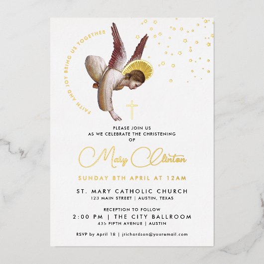 シンプルラグジュアリーホワイト金ゴールドバプティスエンジェルシックスクリプト 箔招待状 (正面)