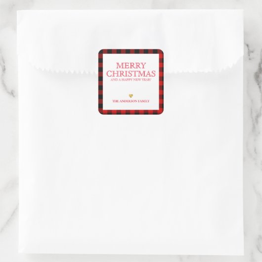 シンプルラベル赤い格子模様メリークリスマスギフト スクエアシール (バッグ)