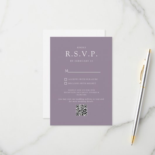 シンプルラベンダーミニマルQRコードウェディングRSVP 出欠カード (正面/裏面インサイチュ)