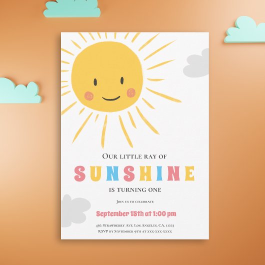 シンプルリトルサンシャインキッドファースト誕生日 招待状