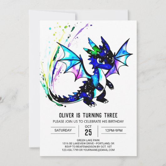 シンプルリトルドラゴンデジタルボーイ誕生日 招待状 (正面)