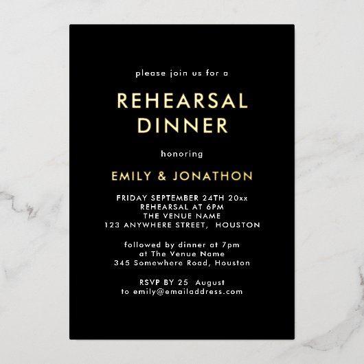 シンプルリハーサルディナーブラック金ゴールド実在 箔招待状 (正面)