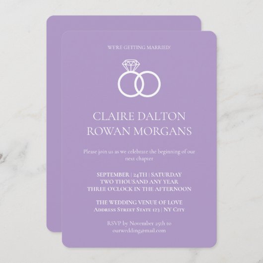 シンプルリングや輪薄紫結婚式招待状 招待状 (正面/裏面)