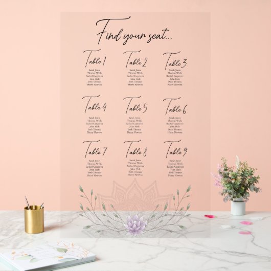 シンプルリーフ&ピンクロータス結婚マンダラの座席 アクリルサイン (ウェディング)