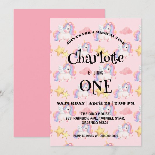 シンプルレインボーモダンユニコーン誕生日パーティー セーブザデート (正面/裏面)