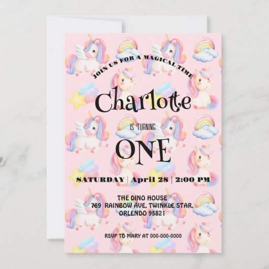 シンプルレインボーモダンユニコーン誕生日パーティー セーブザデート (正面)