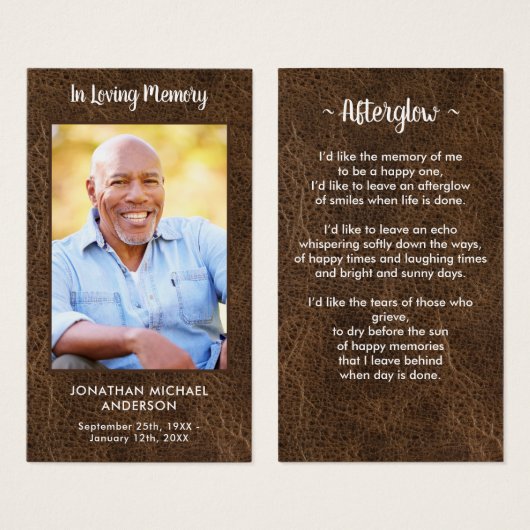 シンプルレザー写真葬儀記念祈りの言葉カード (正面&裏面)