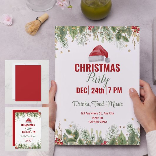 シンプルレッドウォーター色フローラクリスマスパーティー 招待状