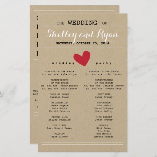 シンプルレッドクラフトハート結婚式 プログラム (正面/裏面)