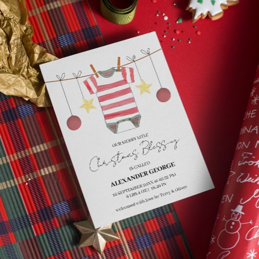 シンプルレッドストライプオーナメントロムパー誕生 案内状