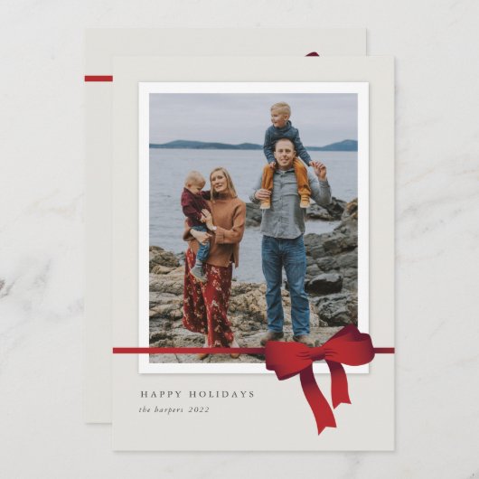 シンプルレッドボウ写真クリスマス シーズンカード (正面/裏面)