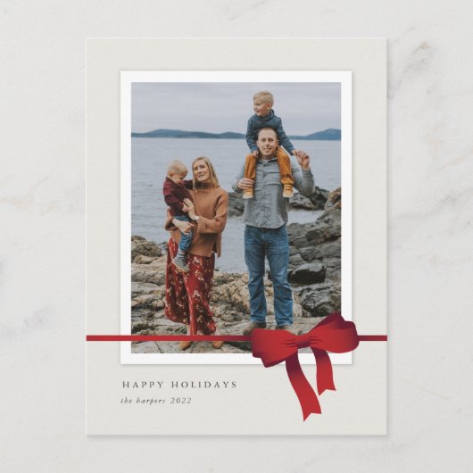 シンプルレッドボウ写真クリスマス シーズンポストカード (正面)