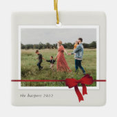 シンプルレッドボウ写真クリスマス セラミックオーナメント (正面)