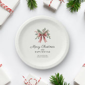 シンプルレッドリボンボウ水の色ホリークリスマス ペーパープレート