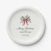 シンプルレッドリボンボウ水の色ホリークリスマス ペーパープレート (正面)