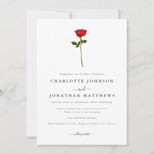 シンプルレッドローズエレガントスクリプト 招待状 (正面)