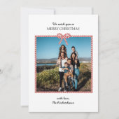 シンプルレッド白ストライプいBow写真クリスマスカード 招待状 (正面)