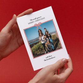 シンプルレッド白ストライプいBow写真クリスマスカード 招待状