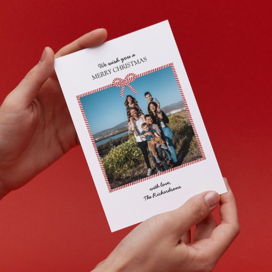 シンプルレッド白ストライプいBow写真クリスマスカード 招待状