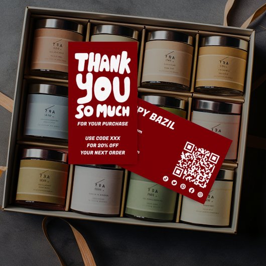 シンプルレッド&ホワイト注文ありがとう社会QRコード 名刺