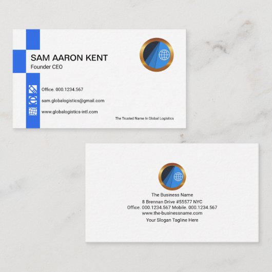 シンプルレトロの明るい青いストライプアイコン創始者CEO 名刺 (正面/裏面)