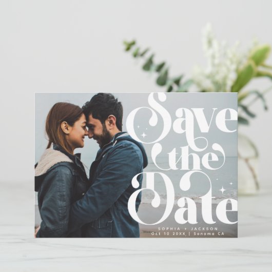 シンプルレトロタイポグラフィ写真の日付を保存 案内状 (スタンド正面)