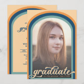 シンプルレトロブルーアーチ写真卒業パーティー 招待状 (正面/裏面)