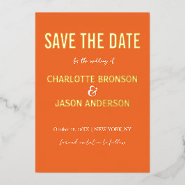 シンプルレトロモダンオレンジ日付金ゴールドの保存 箔招待状