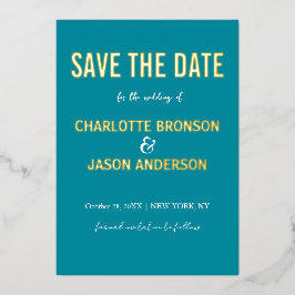 シンプルレトロモダンティール（緑がかった色）日付金ゴールドの保存 箔招待状