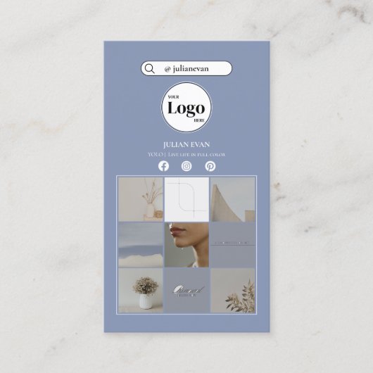 シンプルロゴほこりっぽい青いInstagramフォトコラージュ 名刺 (正面)
