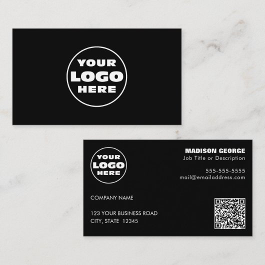 シンプルロゴ文字とQRコードブラック 名刺 (正面/裏面)