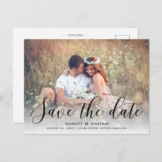 シンプルロマンス写真が日付を救う|黒 案内ポストカード (正面/裏面)