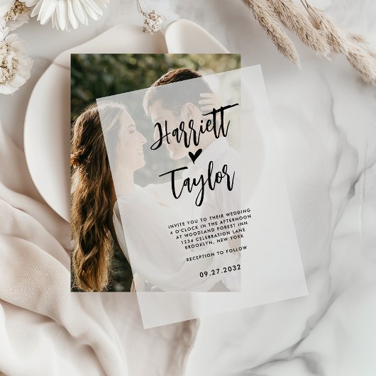 シンプルロマンチックなハートス結婚クリプト ベラム紙招待状