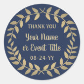 シンプルローレルリースネイビーブルー&金ゴールドありがとう ラウンドシール (正面)