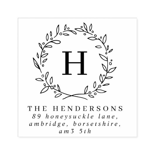 シンプルローレルリースファミリーモノグラムアドレス ラバースタンプ (インプリント)