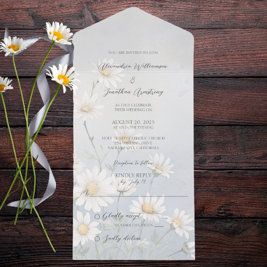 シンプルワイルドデイジーオング淡い色のレーブルー オールインワン招待状